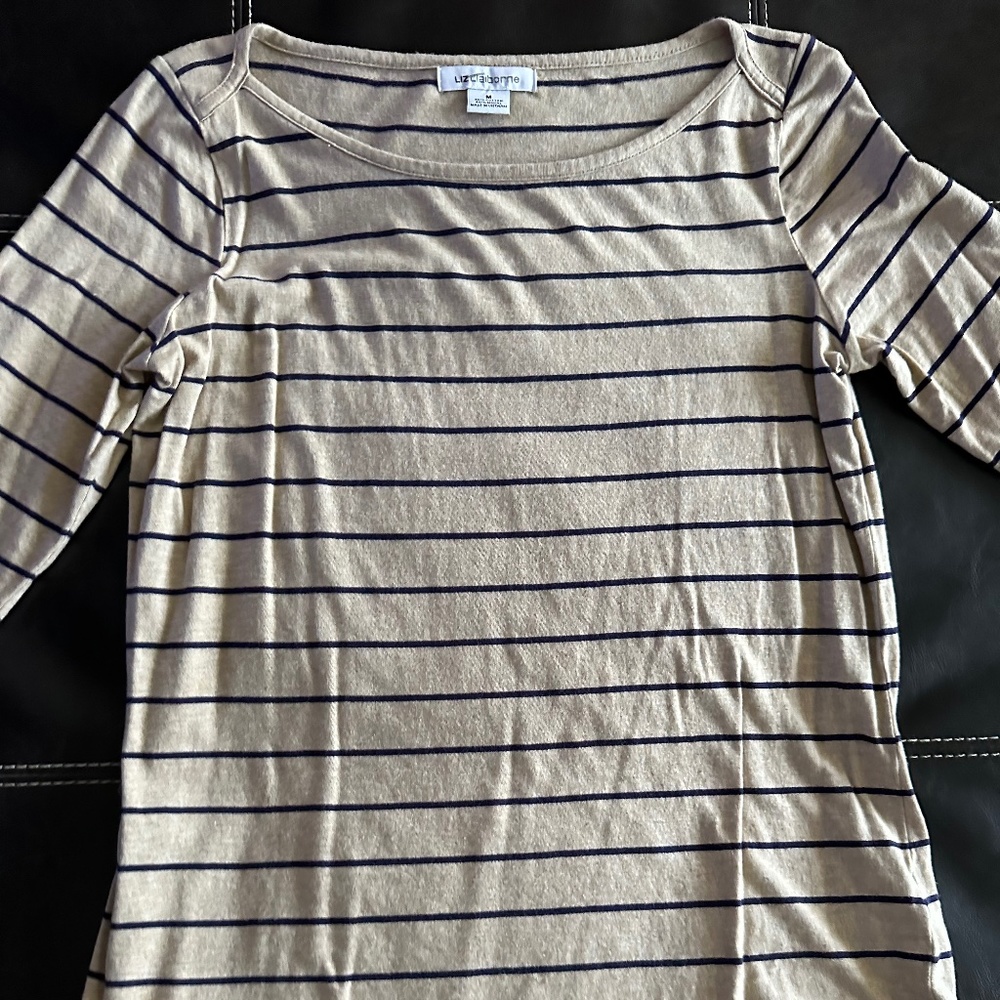 Liz Claiborne 3/4 sleeve Top Tan And Brown Striped